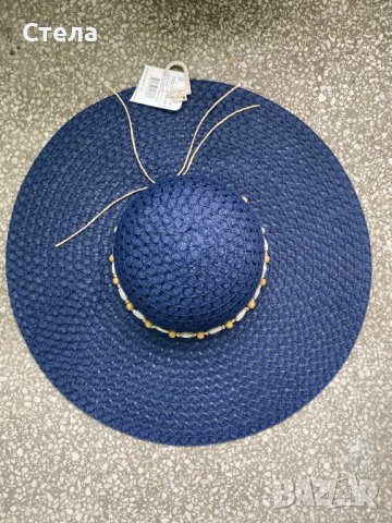 Дамска лятна шапка, с голяма перферия, тъмно синя, нова, с етикет, снимка 1 - Шапки - 37197994