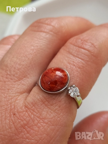 Нов сребърен пръстен с естествен корал и циркон, снимка 6 - Пръстени - 52041110