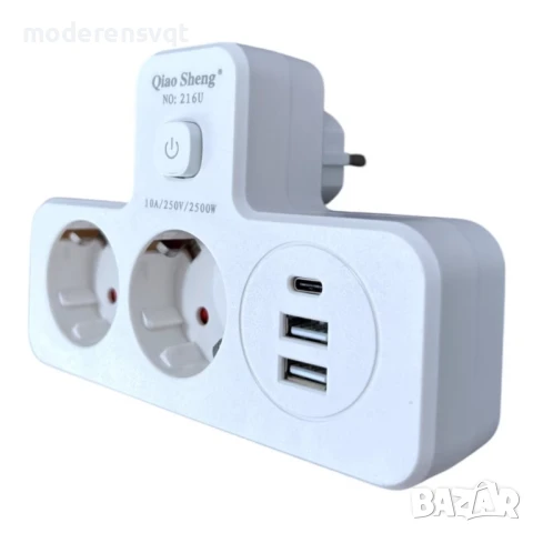 Щепсел 2500W с 2 гнезда, 2 x USB, 1 x USB-C FastCharge 20W