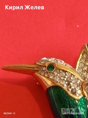 Винтидж брошка Колибри Attwood - Sawyer с 22 карата златно покритие Сваровски  емайл 75081, снимка 2 - Колиета, медальони, синджири - 52571885