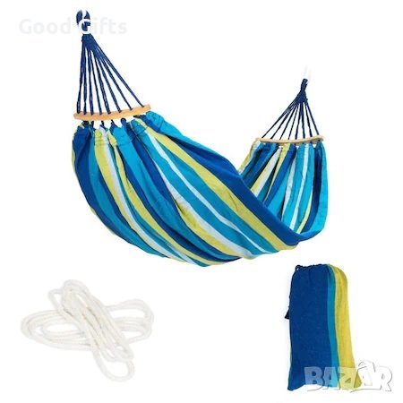 Хамак , С дървена летва, 200х80 см, Капацитет 120 кг, Син/зелен, снимка 4 - Къмпинг мебели - 38118521