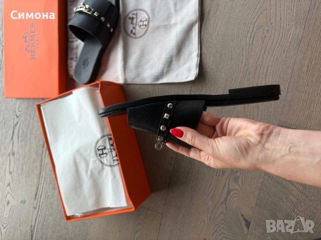 Hermes естествена кожа чехли черни, снимка 4 - Чехли - 51541569