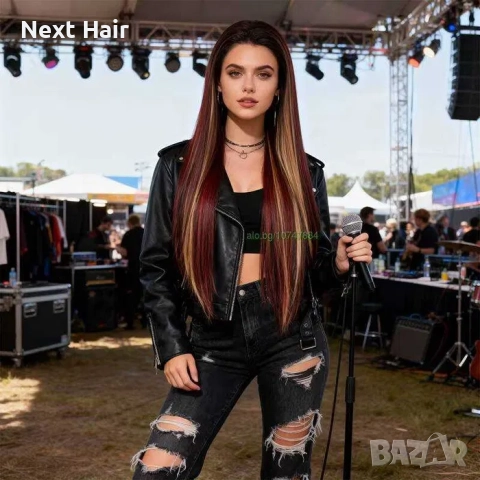 Омбре перука с дантела екстравагантен микс от червени и руси кичури, снимка 4 - Аксесоари за коса - 52909621