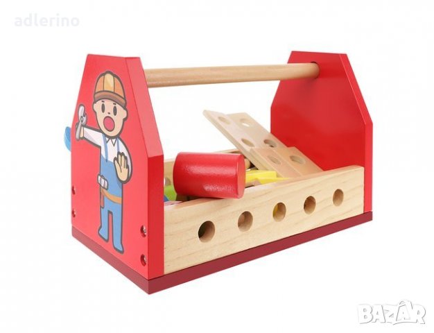 Кутия и комплект дървени инструменти за малки майстори