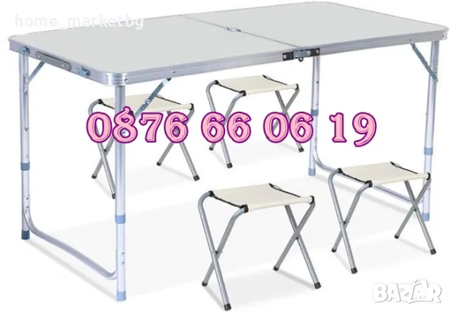 Къмпинг сгъваема маса с 120х60 см с 4 бр. столчета, градинска маса, снимка 3 - Градински мебели, декорация  - 49409638