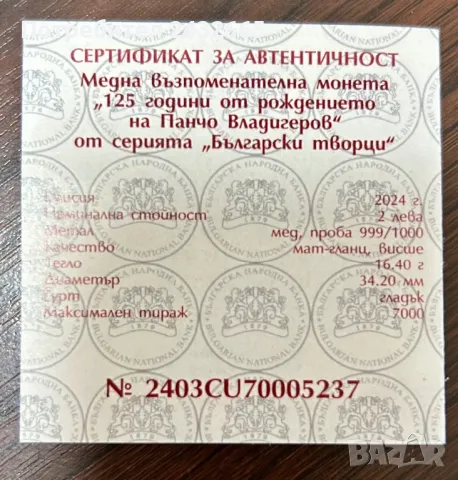 N4. България 2024 = Медна възпоменателна монета  “ 125 г. от рожд. на Панчо Владигеров “, снимка 3 - Нумизматика и бонистика - 47613825