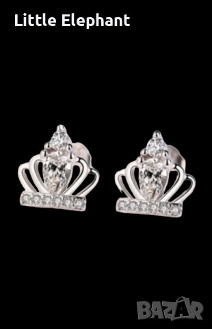 Сребърни обеци коронки с кристали,white/ нови