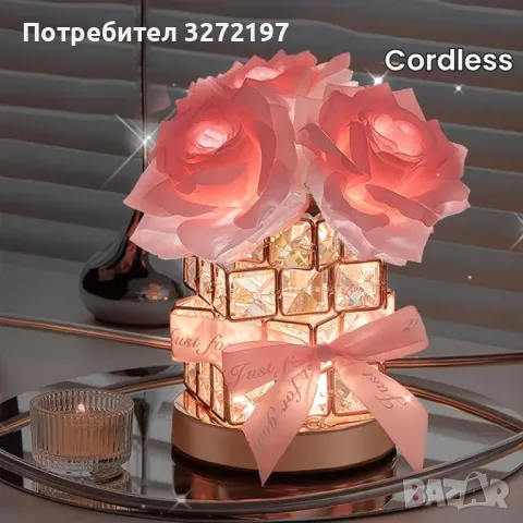 Розова Роза USB,Димируема Настолна Лампа от Розов Кристал, снимка 3 - Настолни лампи - 47973839