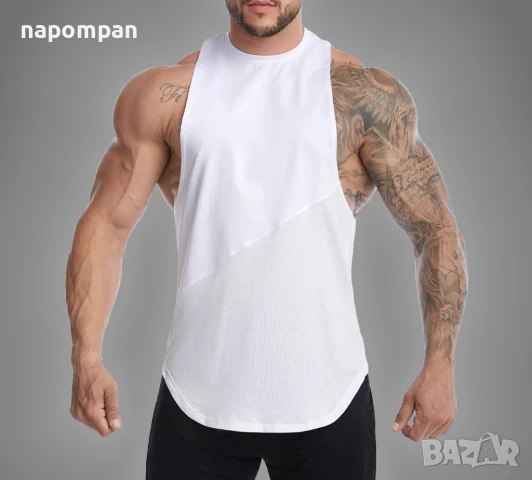 Изрязан Мъжки Бял Потник за Фитнес Тренировка и Ежедневие