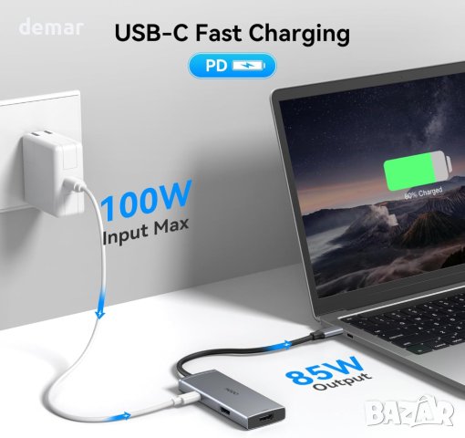 USB C към 2 HDMI адаптер за два монитора, 6 IN 1 докинг станция, снимка 6 - Кабели и адаптери - 43186808