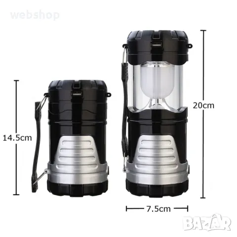Акумулаторна LED лампа за къмпинг с фенерче 1W + 6 LED WB-7088A, Слънчев панел и USB, Дръжка , снимка 3 - Къмпинг осветление - 49821011