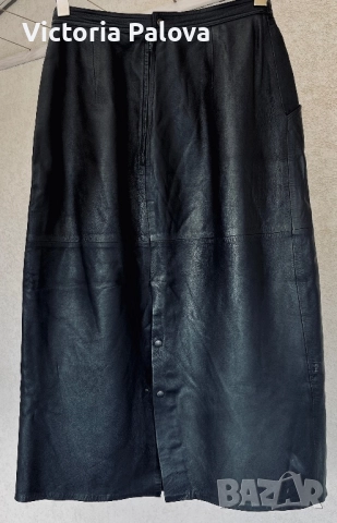 VINTAGE черна кожена миди пола, уникален дизайн, снимка 4 - Поли - 52086295