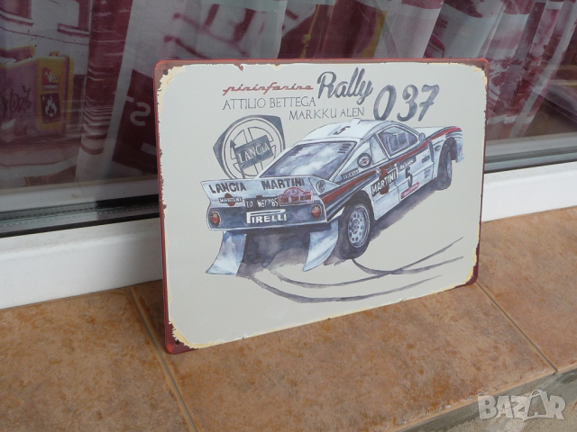 Метална табела кола рали Lancia Martini 037 Ланчия Pirelli следи от гуми, снимка 2 - Колекции - 44847521