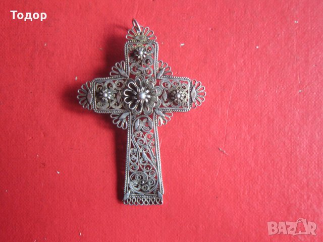 Уникален възрожденски сребърен кръст с камъни филигран, снимка 3 - Колекции - 35101811