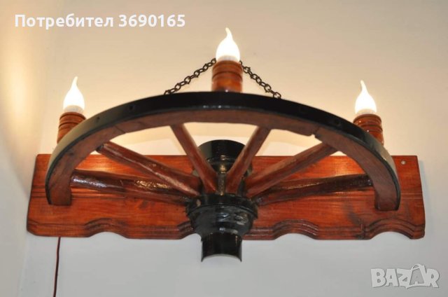 Дървени стенни лампи с автентични колела от каруци с дървени чашки , снимка 3 - Лампи за стена - 44113289