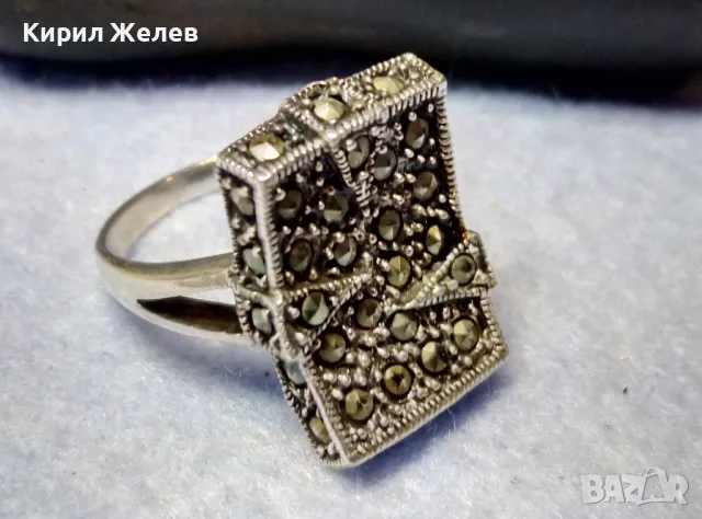 РАЗКОШЕН МАРКАЗИТЕН СРЕБЪРЕН ПРЪСТЕН СРЕБРО 925 с БЯЛА ПОЗЛАТА ИНКРУСТИРАН с КАМЪНИ МАРКАЗИТ 49114