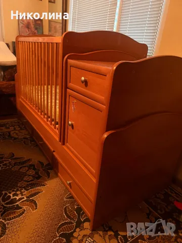 Бебешка кошара дървена 2 в 1 с люлеещ кош + 2 матрака, снимка 1