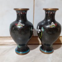 Cloisonne Клоазоне Двойка стари вази бронз клетъчен емайл, снимка 2 - Антикварни и старинни предмети - 43202732