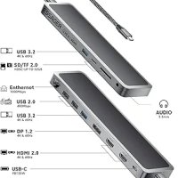 12 в 1 USB C хъб, USB-C докинг станция за лаптоп, троен дисплей тип C адаптер,, снимка 1 - Кабели и адаптери - 43855436