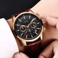 LIGE Black Gold Leather 9866 Луксозен мъжки кварцов часовник с кожена каишка, снимка 2 - Мъжки - 39848827