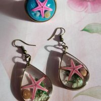 Дамски комплекти обеци и пръстен с морски звезди и охлювчета. 2 различни цвята., снимка 1 - Бижутерийни комплекти - 32961594