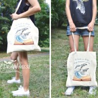 Текстилна чанта / торба за пазар с дълги дръжки "Делфини" /принт, авторска илюстрация/, снимка 2 - Чанти - 27069637
