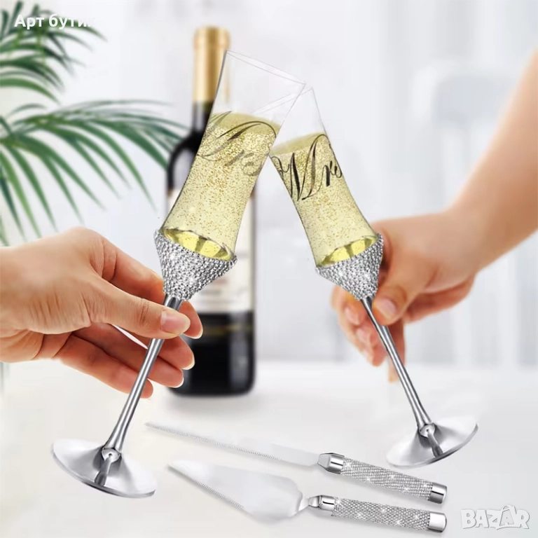 Луксозен комплект от 4 броя -  чаши и  прибори за торта , снимка 1