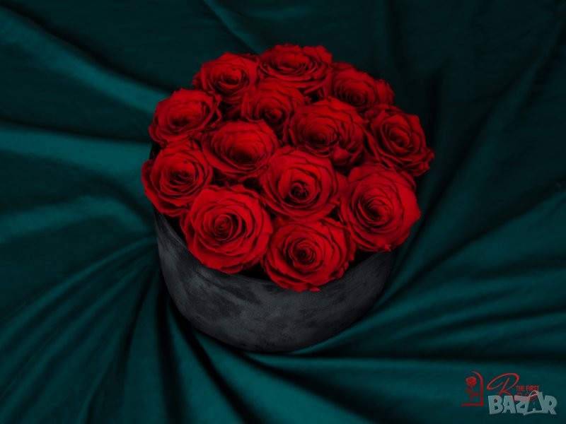 Естествени Вечни Рози в Кутия Кадифе / Уникален Подарък за Рожден Ден на Жена / Червени Вечни Рози, снимка 1
