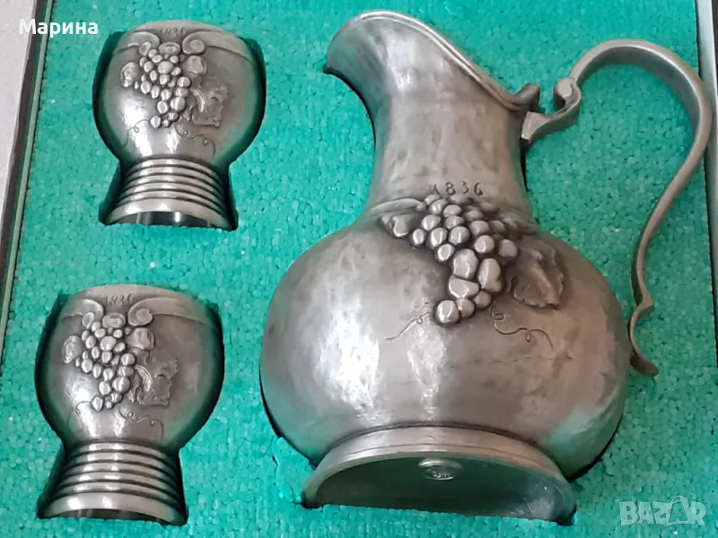 Комплект Кана и чаши за вино от калай Antik*Vintage#74, снимка 1