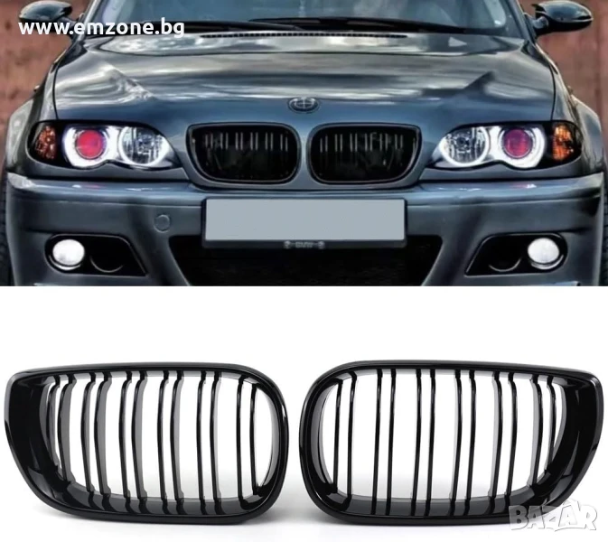 Решетки Бъбреци за БМВ BMW 3 серия E46 2001-2006 Черен Гланц Двойни, снимка 1
