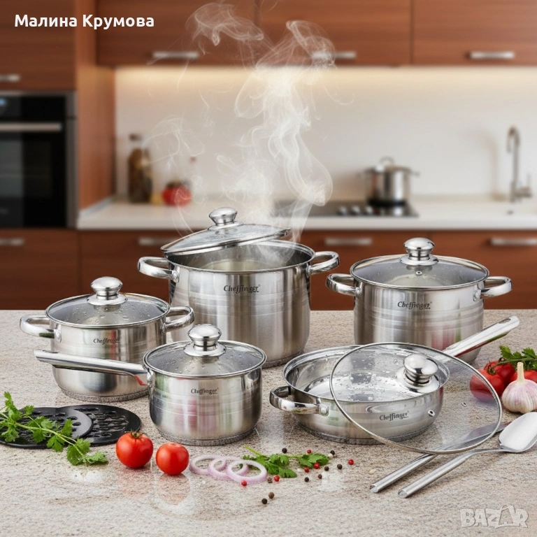 Комплект съдове за готвене 12 части Cheffinger, с индукционно дъно и стъклени капаци – тенджери, кас, снимка 1