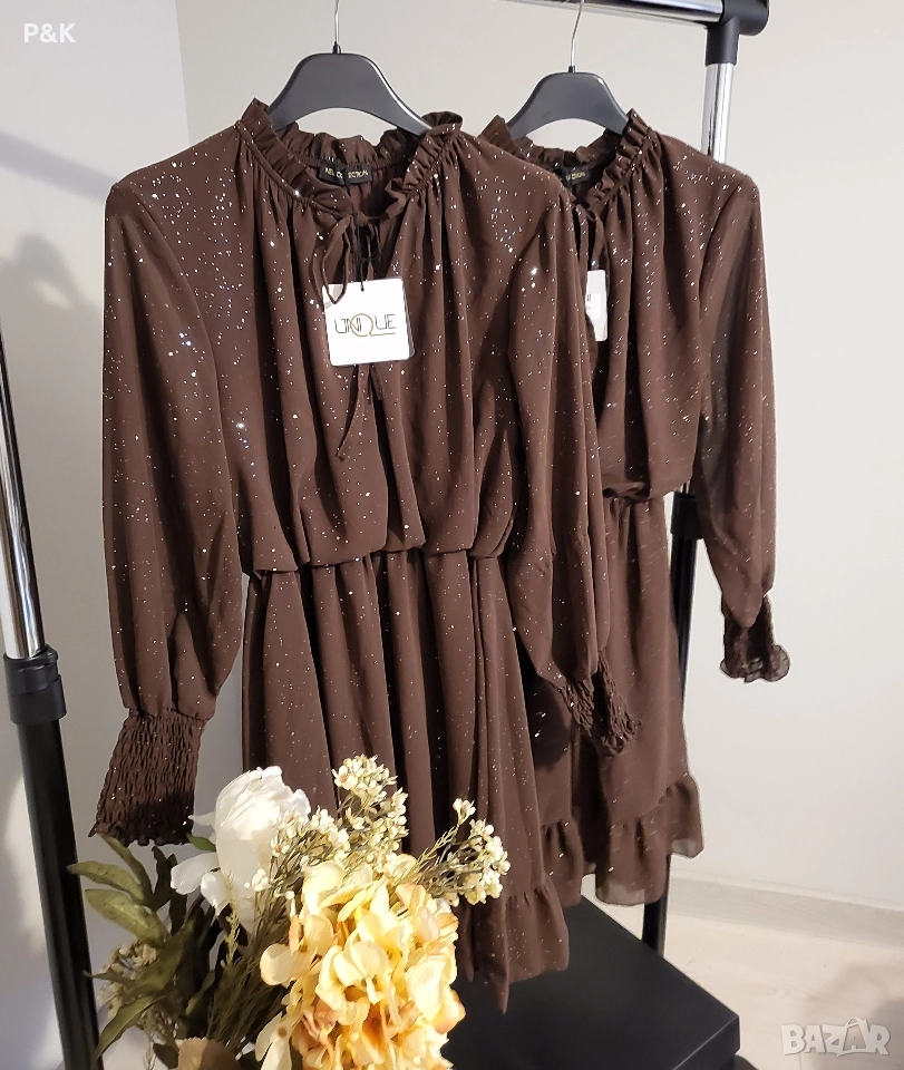 Рокля с блясък в шоколадово кафяво , снимка 1