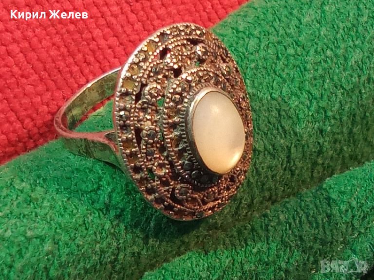 СТАР АЖУРЕН РЕТРО АР ДЕКО ПРЪСТЕН СРЕБРО 925 с МАРКАЗИТИ и ЛУНЕН КАМЪК МАЙСТОРСКА РЪЧНА РАБОТА 44249, снимка 1