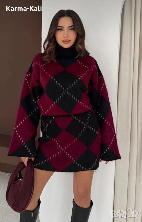 Нов плетен топъл комплект пуловер с пола, снимка 1