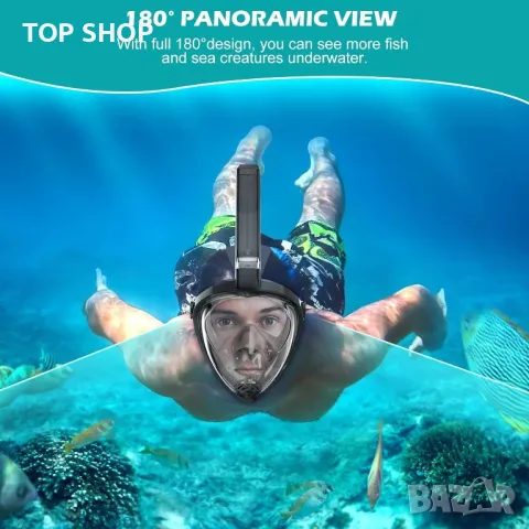 KUYOU Цялолицева маска за гмуркане с шнорхел, с най-новата дихателна система Dry Top, сгъваема 180°, снимка 8 - Водни спортове - 49333100