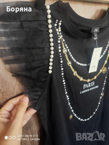 River Island нова с етикет тениска топ с перли и тюл, снимка 5 - Потници - 52169812