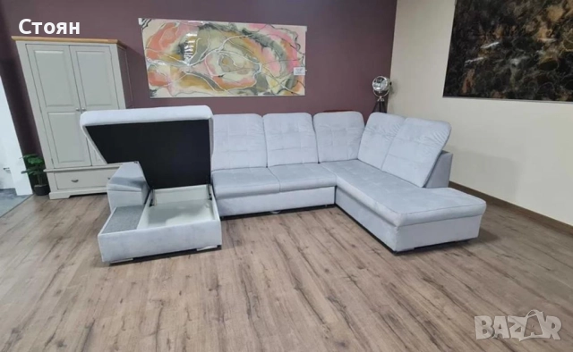 Сиво син П образен ъглов диван от плат Nigrum с функция сън, снимка 7 - Дивани и мека мебел - 52125490