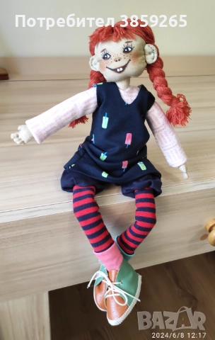 Кукла Пипи дълъг чорап.Ръчна изработка. Текстилна кукла. За игри и интериор., снимка 12 - Кукли - 52399284