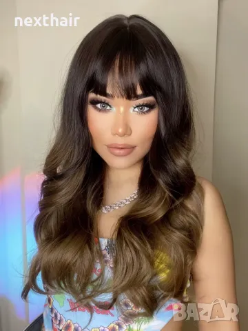 Омбре перука със светли краища и бретон, снимка 3 - Аксесоари за коса - 48669684