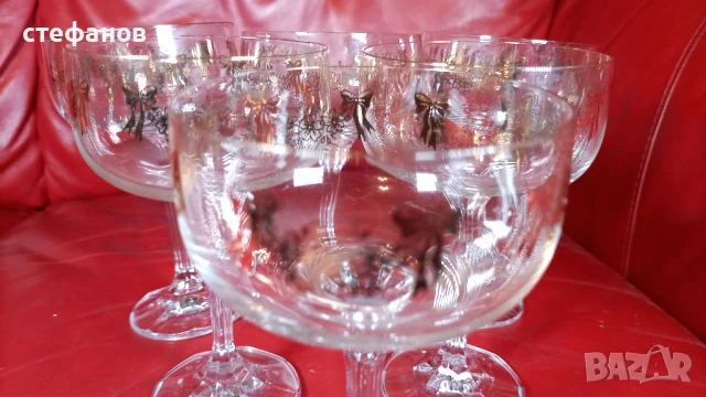 Кристални чаши за шампанско „Флора”, златен кант, златни шарки, снимка 5 - Чаши - 50944229