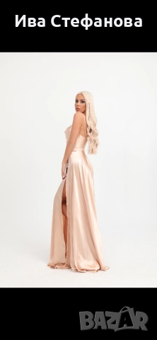 Нова дълга официална парти коктейлна екрю бежова рокля сатен сатенена дизайнер Дидо Георгиев , снимка 6 - Рокли - 50042834