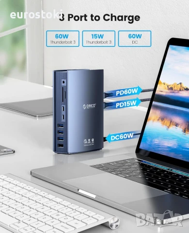 ORICO TB3-S3 Thunderbolt 3 Докинг станция 15-в-1 USB C, 60 W 40 Gbps за лаптопи с USB C, два 4K @ 60, снимка 3 - Кабели и адаптери - 51291508
