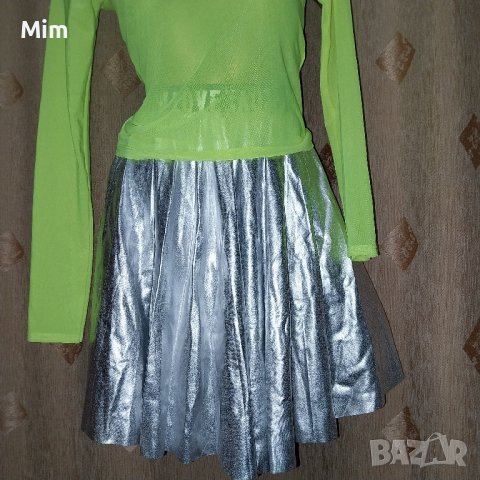 S К- т Неоново зелена, прозрачна блуза от тюл и сребриста пола, снимка 5 - Поли - 43579685