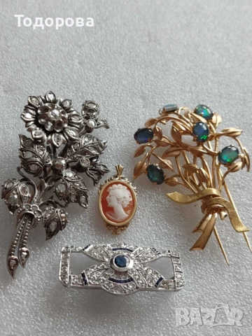 Лот от 3 брошки,златна 18 к. брошка с черни опали,и две с диаманти, снимка 17 - Други - 52085157