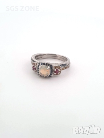 СРЕБЪРЕН ДВОЕН ПРЪСТЕН С ЦЕНТРАЛЕН ОПАЛ И САПФИРИ. , снимка 2 - Пръстени - 52402004