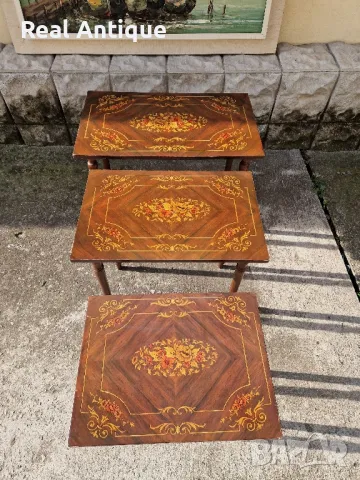 Страхотен к-т от 3 броя антикварни английски дървени масички с интарзия , снимка 3 - Антикварни и старинни предмети - 48531048