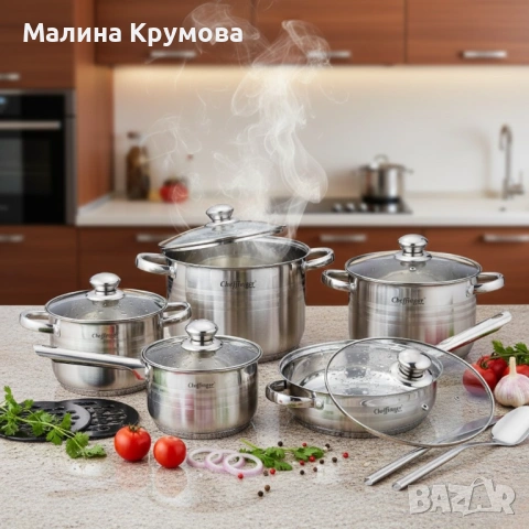 Комплект съдове за готвене 12 части Cheffinger, с индукционно дъно и стъклени капаци – тенджери, кас
