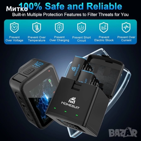 Homesuit Hero 12 11 10 9 Батерия 1800mAh и LED 3-канално USB зарядно за Gopro12Black Gopro11Black Go, снимка 4 - Камери - 52812373