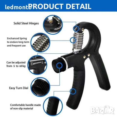Уред за Тренировка на Предмишници – Регулируем Грипер 5–60 кг за Мъже и Жени, снимка 4 - Други инструменти - 51109978