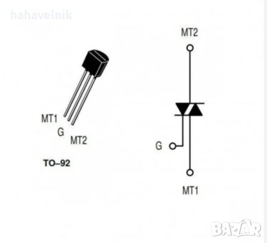 Триак симистор BT131-600, 600V, 1A, TO92, 3mA, THT, снимка 2 - Друга електроника - 43807511